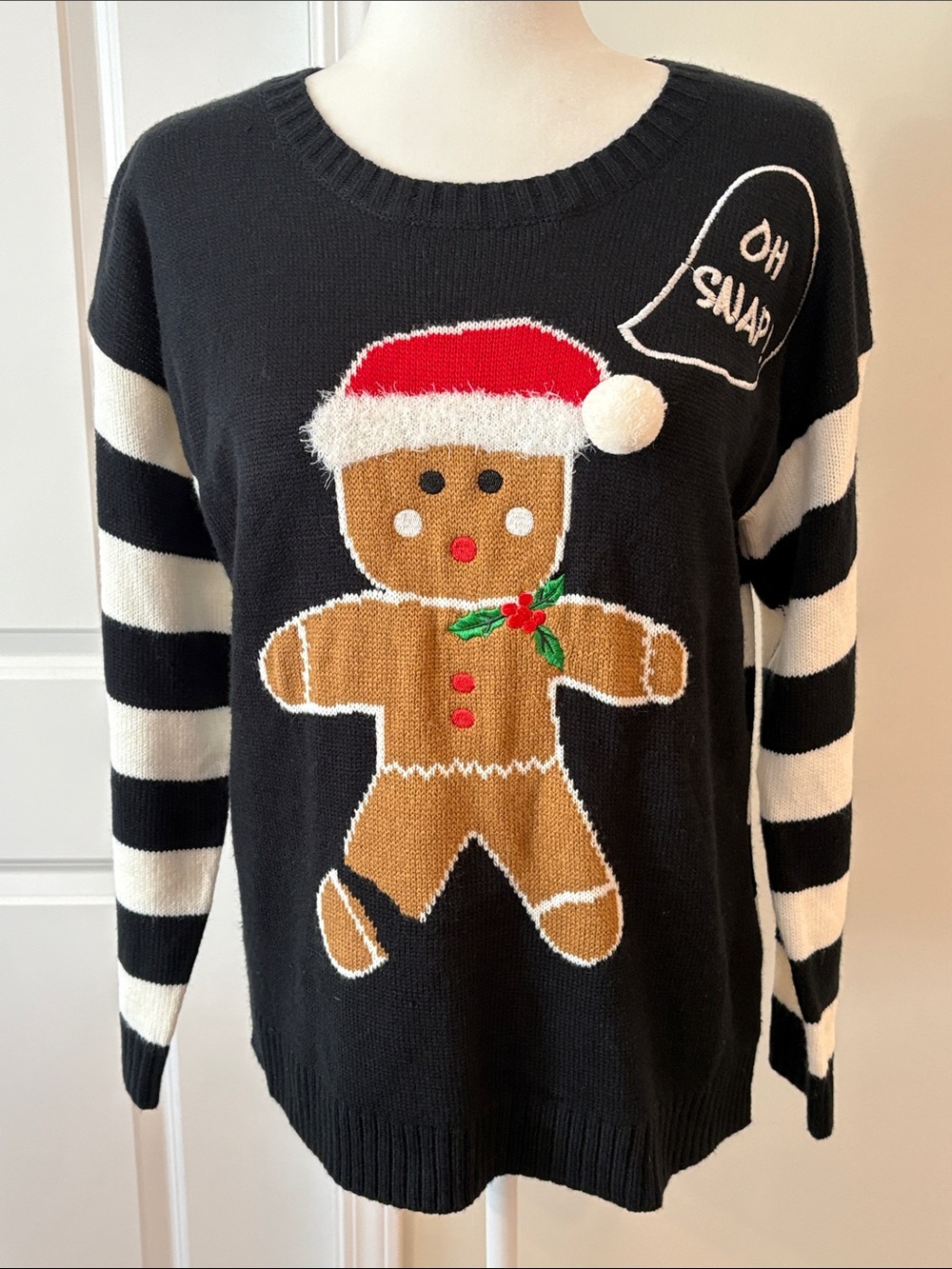 Black Gingerbread Crewneck Sweater with Striped Sleeves